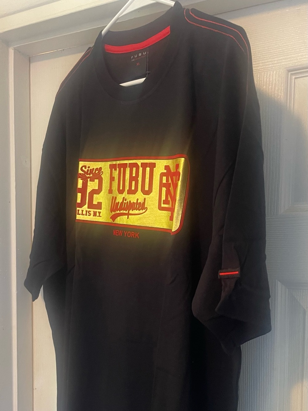 FUBU Black Tee with Yellow and Red Chest Panel